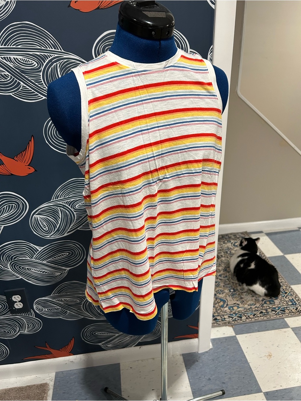 EUC Marine Layer White Tank with Red, Yellow & Blue Stripes